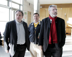 CRACKDOWN ON DRUGS: Aengus Ó Snodaigh, activist Rab Hunter and Gerry Adams attend launch of drugs awareness pamphlet