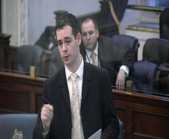 UNPRECEDENTED DEBATE: Pearse Doherty addresses the Seanad watched by his party colleague and fellow Donegal man Cllr Pádraig Mac Lochlainn