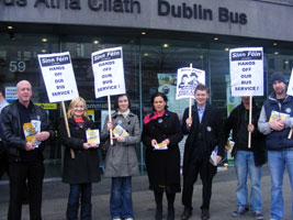 THE BUCK STOPS HERE: Mary Lou McDonald and North Inner City candidate Ruadhán Mac Aodhain at Dublin Bus Head Office in O’Connell Street