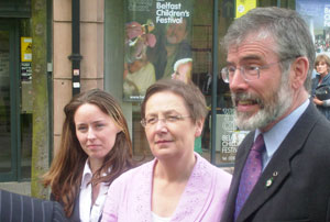 EURO VISION: MEP Bairbre de Brún – with Charlene O’Hara and Gerry Adams – speaks to the media after handing in her nomination papers