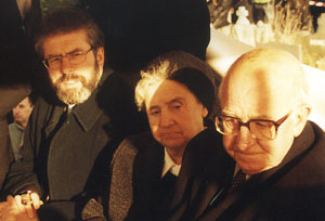 Gerry Adams, Madge McConville and Joe Cahill at the Tom Williams commemoration in January 2000