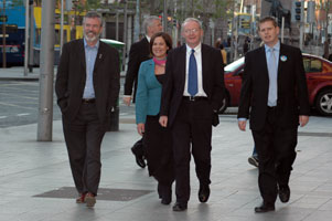 CAPITAL: Gerry Adams, Mary Lou McDonald, Martin McGuinness and Tomás Sharkey on their way into the Gresham Hotel