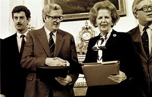 HAND IN HAND: Fine Gael Taoiseach Garret FitzGerald with Margaret Thatcher at the signing of the Anglo-Irish Agreement in 1985