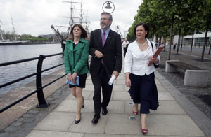 LAUNCHING THE MANIFESTO: Gerry Adams arrives down by the Liffey with East candidate Kathleen Funchion and Dublin MEP Mary Lou McDonald to unveil Sinn Féin’s EU manifesto