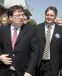 FLOUNDERING CAMPAIGN: Brian Cowen and Eoin Ryan on the election trail