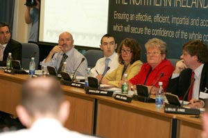 POLICING BORD MEETING: Vice Chairman Barry Gilligan, Alex Maskey MLA, Daithí McKay MLA, Mary McKee, Rosaleen Moore and Basil McCrea MLA