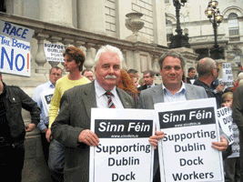 SOLIDARITY: Larry O’Toole and Sinn Féin TD Aengus Ó Snodaigh protest outside of Dublin City Council
