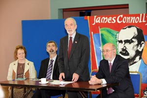 SIPTU’s Michael Halpenny speaking at the Fergal O'Hanlon Memorial Lecture in Teach na nDaoine last Sunday. Also in photo are L-R Padraigín Ní Mhurchadha, Sean Conlon and Caoimhghín Ó Caoláin