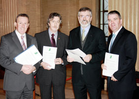 Newry and Armagh MLA’s Conor Murphy, Mickey Brady and Cathal Boylan with Sinn Féin President Gerry Adams, as they prepare to submit the party objection to the planning application by NIE for an overhead Electricity Interconnector