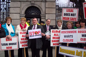 Aengus Ó Snodaigh (pictured centre) joins citizens demonstrating against ‘head shops’ outside Leinster House on Wednesday afternoon