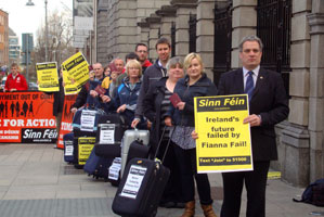 Sinn Féin TD Aengus Ó Snodaigh with activists protesting the lack of a government jobs policy