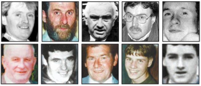 10-killed-big2 (Clockwise from top left) Paul Moran, Pádraig Ó Cléirigh, Paddy Loughran, Pat McBride, Michael O’Dwyer, Jack Duffin, Christy Doherty, Willie McManus, Peter Magee andJames Kennedy