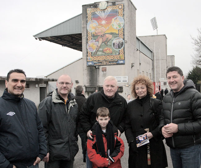 casement-big Sinn Féin Culture Minister Carál Ní Chuilín is joined by former Down hurling manager Seán McGuinness and Italian visitor Salvatore Di Noia at Casement Park